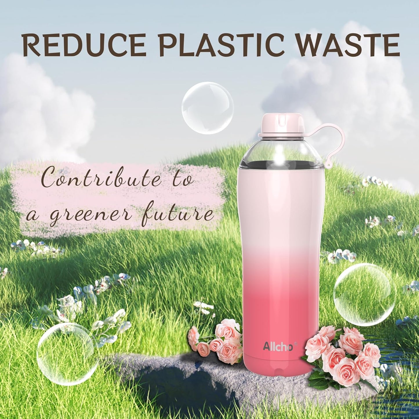 Allcho Insulated Water Bottle for Women, 18oz Stainless Steel Leak Proof Tumbler with 2 Lids, BPA-Free Tritan Chug & Straw Lid, Double Wall Vacuum Flask