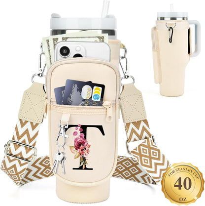 LOKASS Personalized Water Bottle Holder with Strap for Stanley Cup Accessories 40 oz, Initial for Stanley Cup Holder Carrier Bag with Phone Pocket, Stylish Tumbler Accessories for Daily Use Hands-Free
