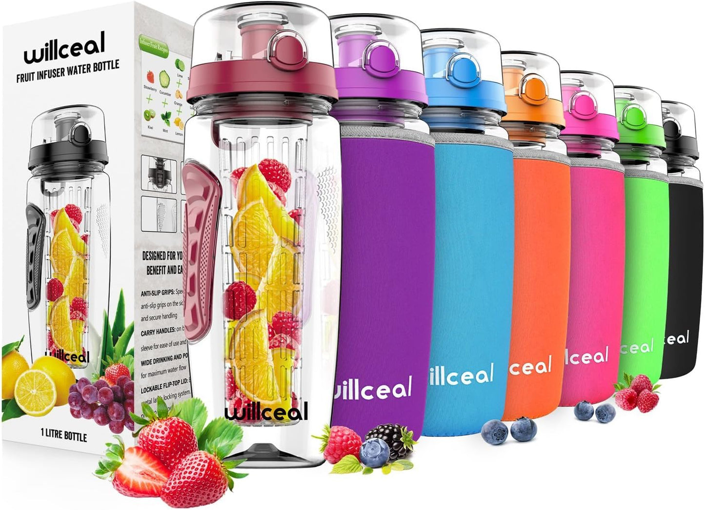 Fruit Infuser Water Bottle 32oz- Durable, Large - BPA Free Tritan, Flip Lid, Leak Proof Design - Sports, Camping
