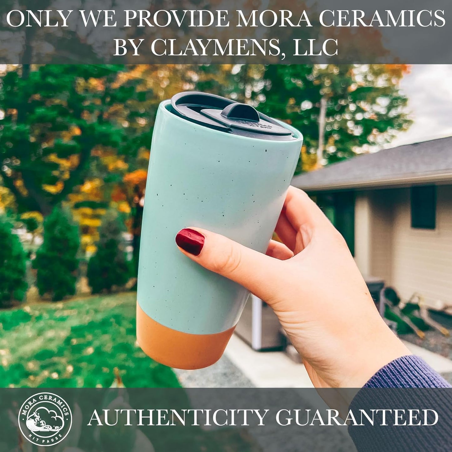 Mora Double Wall Ceramic Coffee Travel Mug with Lid, 14 oz, Portable, Microwave, Dishwasher Safe, Insulated Reusable Tall Cup, Splash Resistant Lid - To Go Tumbler for Car Cup Holder, Nightwaves