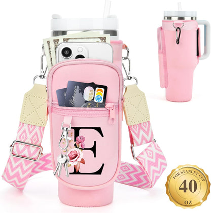 LOKASS Personalized Water Bottle Holder with Strap for Stanley Cup Accessories 40 oz, Initial for Stanley Cup Holder Carrier Bag with Phone Pocket, Stylish Tumbler Accessories for Daily Use Hands-Free
