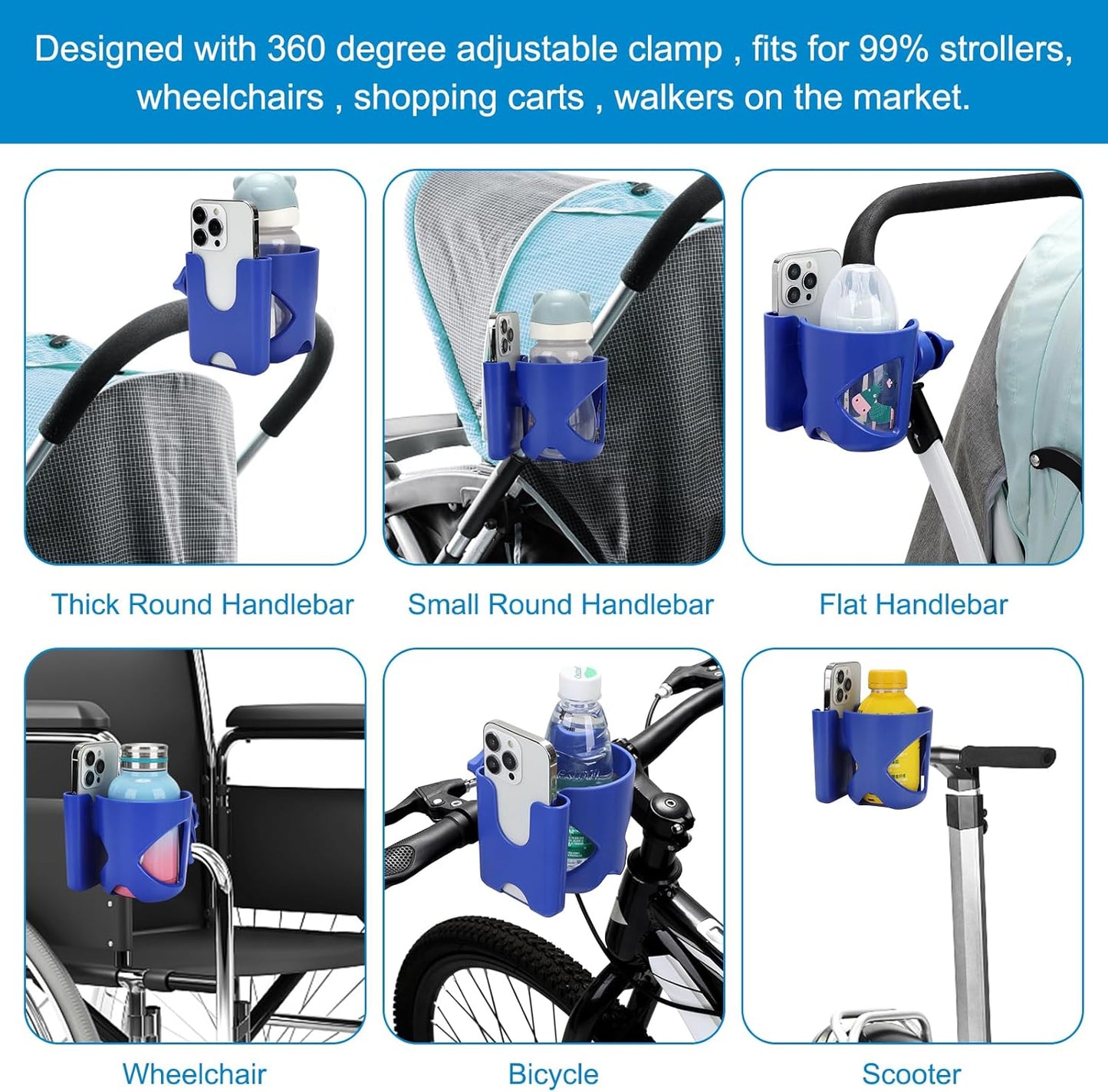 Accmor Stroller Cup Holder, Universal Cup Holder for Walker Wheelchair Bike, 360° Rotatable Stroller Cup Holder Attachment Accessories for Walker, Wheelchair, Scooter