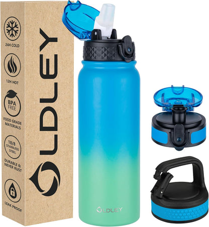 Oldley Insulated Water Bottle 20oz for Adults Kids Stainless Steel Water Bottles with Straw/Chug/Carabiner 3 Lids Fruit Strainer Double Wall Vacuum Wide Mouth BPA Free Leak-Proof for School Travel
