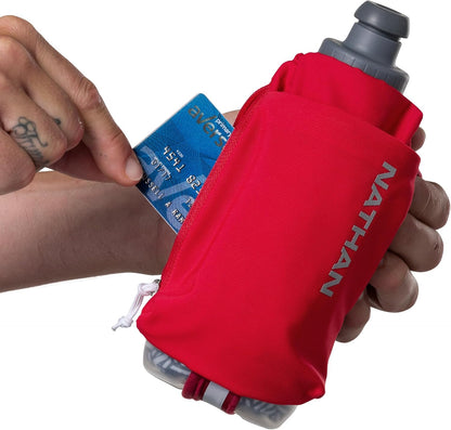 Nathan SpeedDraw 2 Insulated Handheld Running Water Bottle Flask 18oz – Double-Wall Insulation, Ergonomic Grip, Blast Valve Cap, Phone & Key Storage Pockets, Reflective Design