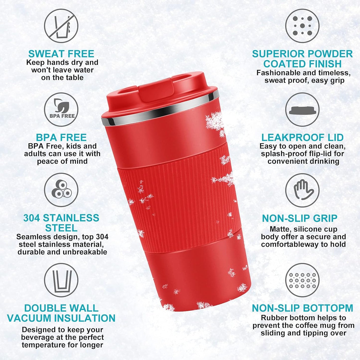 YINJOYI 12oz Travel Coffee Cups Insulated Tumbler Thermal Mug to Go with Lid Leak Proof Reusable Stainless Steel Coffee Mug Spill Proof for Hot and Iced Cold Drinks (Red, 380ml)