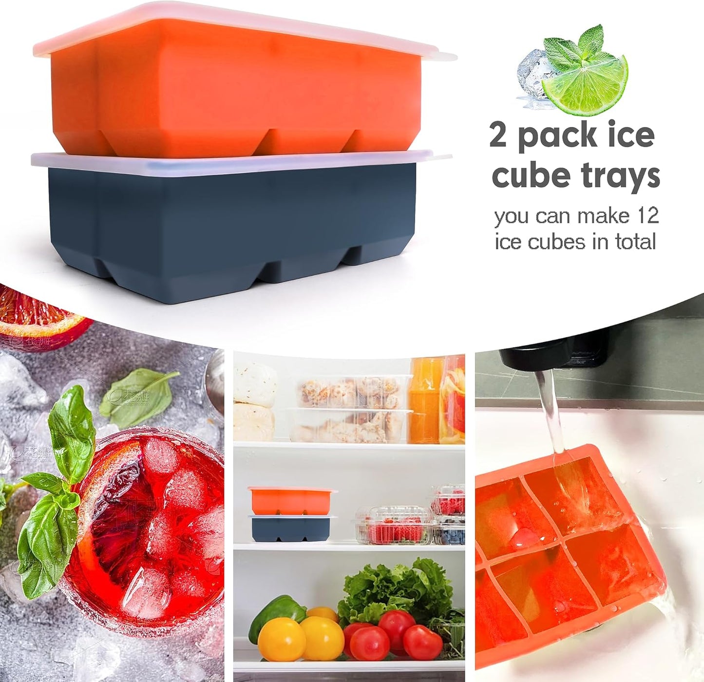 Excnorm Silicone Ice Cube Trays 3 Pack - Large Size Silicone Ice Cube Molds with Leak Proof Removable Lid Square Ice Cube Tray And BPA Free for Cocktail,Whiskey, Stackable Flexible Ice