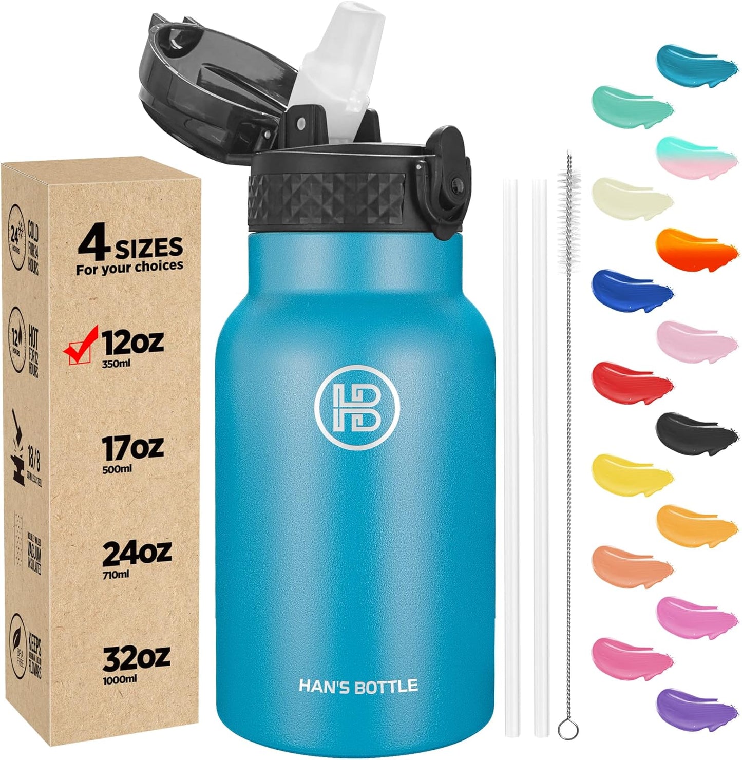 Han's Bottle Sports Water Bottle - 24 Oz, Straw Lid, Leak Proof, Vacuum Insulated Stainless Steel, Double Walled, Thermo Mug,Black