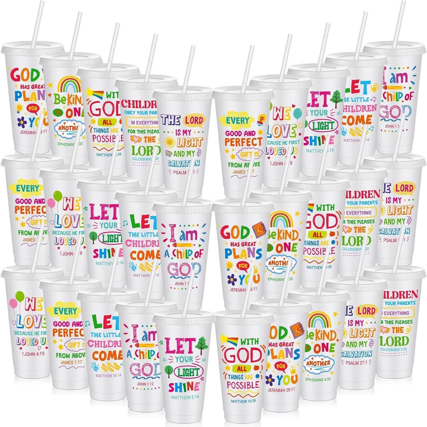 Uiifan 10 Pcs Christian Tumblers with Straws for Kids, Bible Verse Cups for VBS, Sunday School, Church Party Favors and Faith Gifts, Reusable Plastic Tumblers with Lids, 24 oz, White