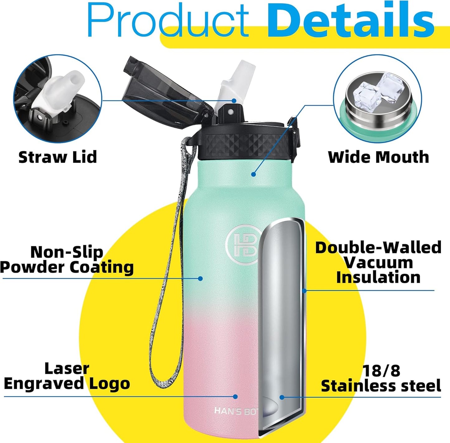 Han's Bottle Sports Water Bottle - 24 Oz, Straw Lid, Leak Proof, Vacuum Insulated Stainless Steel, Double Walled, Thermo Mug,Black
