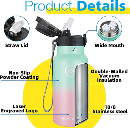 Han's Bottle Sports Water Bottle - 24 Oz, Straw Lid, Leak Proof, Vacuum Insulated Stainless Steel, Double Walled, Thermo Mug,Black