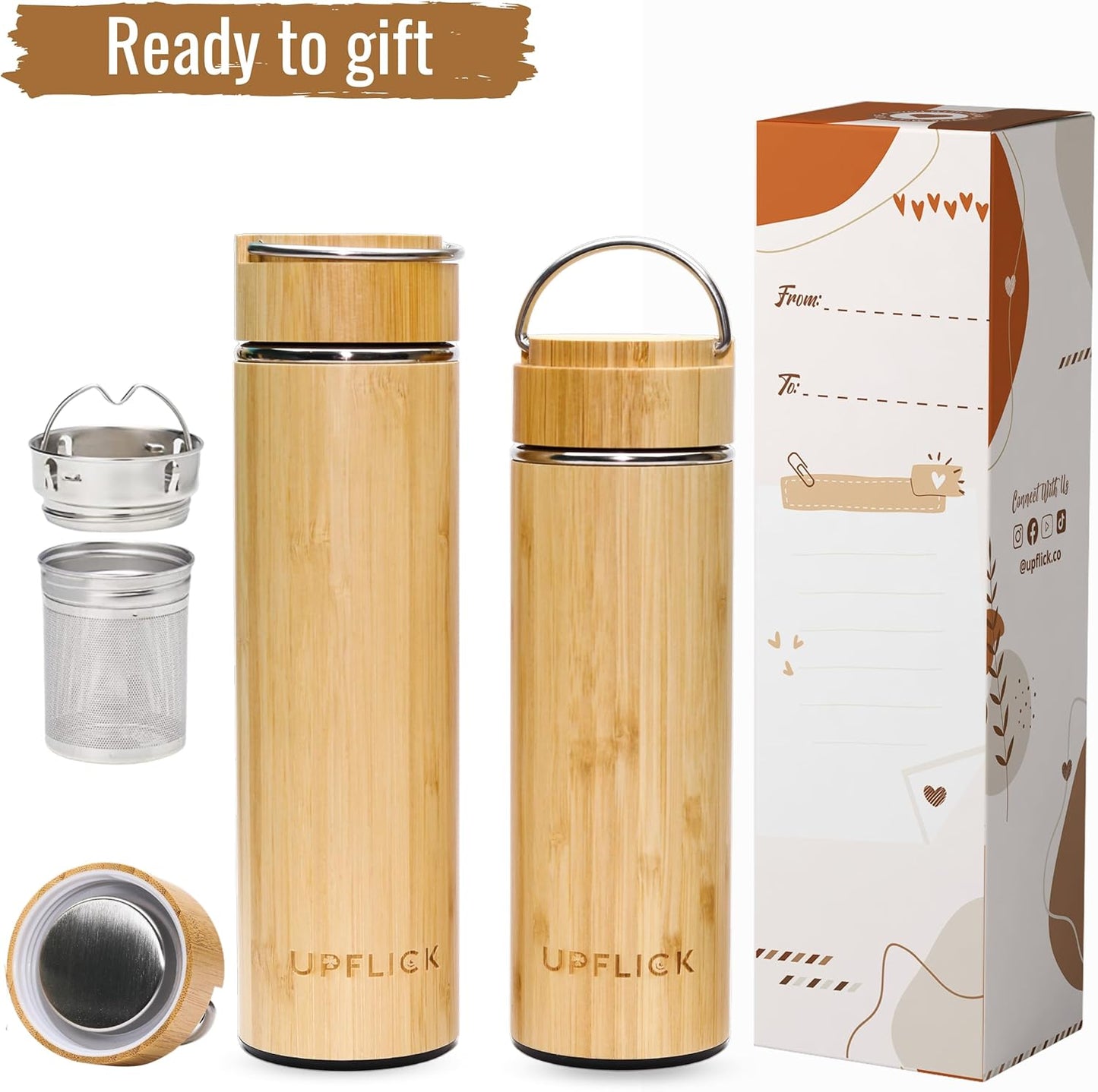Bamboo Water Bottle Insulated Tea Tumbler for Men Birthday Gift, Women Travel Tea Set with Diffuser for Loose Tea Leaves, Stainless Steel Leak Proof Gift for Mom (15 oz)