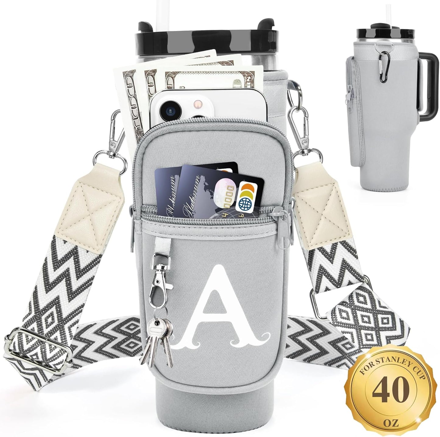 LOKASS Personalized Water Bottle Holder with Strap for Stanley Cup Accessories 40 oz, Initial for Stanley Cup Holder Carrier Bag with Phone Pocket, Stylish Tumbler Accessories for Daily Use Hands-Free
