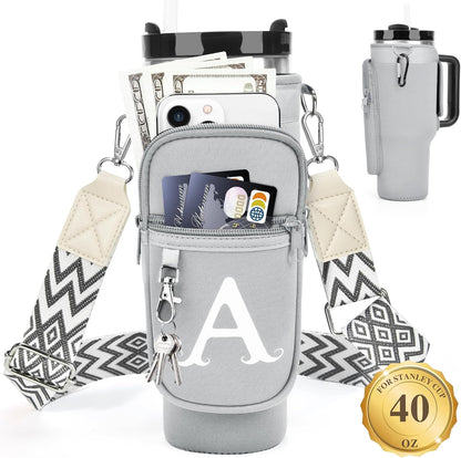 LOKASS Personalized Water Bottle Holder with Strap for Stanley Cup Accessories 40 oz, Initial for Stanley Cup Holder Carrier Bag with Phone Pocket, Stylish Tumbler Accessories for Daily Use Hands-Free