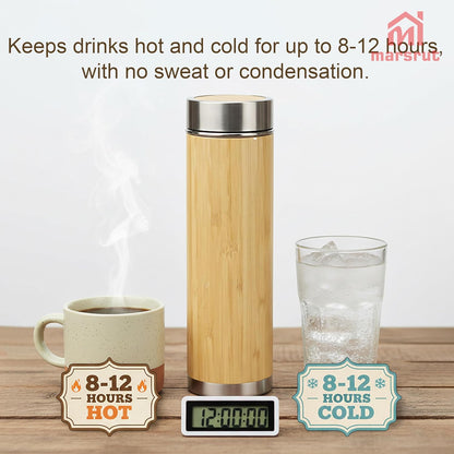 Bamboo Tea Infuser, Insulated Water Bottle, 17oz Reusable Travel Mug, Leak Proof Tumbler, Double-walled Stainless Steel Cup with Lid Keeps Hot & Cold Drinks Beverages, for Loose Tea, Coffee, Gift Set