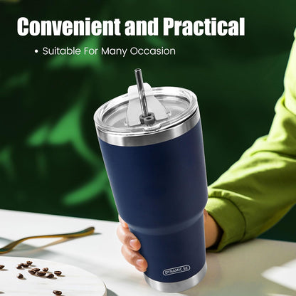 D·S 30oz Blue Tumbler Stainless Steel Double Wall Vacuum Insulated Mug with Straw and Lid, Cleaning Brush for Cold and Hot Beverages