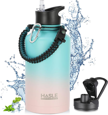 HASLE OUTFITTERS 32 oz Insulated Water Bottle Stainless Steel Double Walled Vacuum Sports Water Bottle with 2 Lids (Straw and Spout Lid) for Gym Camping Hiking(Black,1)