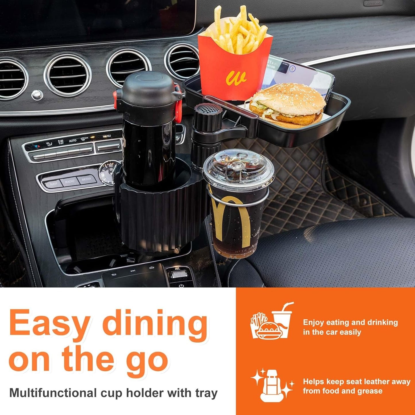 Car Large Cup Holder Expander, 5-in-1 Cupholder Extender with Phone Holder & Swivel and Detachable Snack Food Tray Table for Eating, Travel Essentials for Road Trips for Driver. Model C