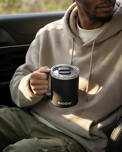 12oz Insulated Coffee Mug with Lid – Includes Two Lids, Stainless Steel Coffee Travel Mug with Handle, Double Wall Vacuum Insulated Camping Mug for Home, Office & Outdoor, Navy Blue