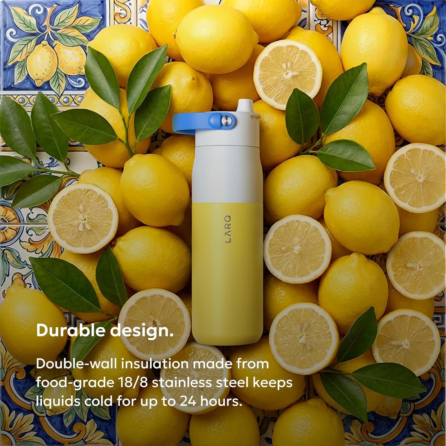 LARQ Swig Top — Insulated Stainless Steel Water Bottle with Straw, Detachable Silicone Handle, Vacuum 24h Cold, BPA-Free Metal Bottle for Gym, Travel, Office, Wide Mouth for Ice — 23 oz, Mojave Dune