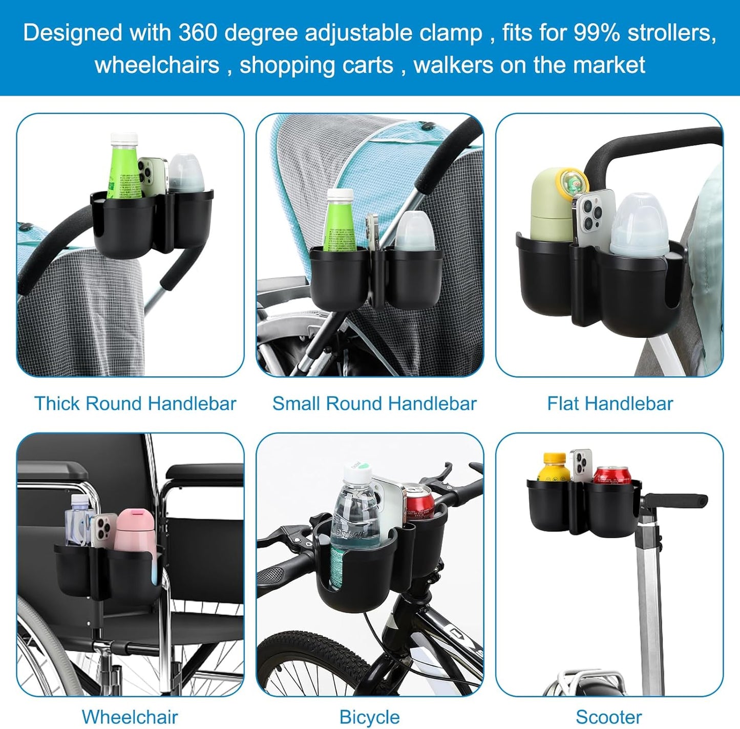 Accmor Stroller Cup Holder with Phone Holder, Bike Cup Holder, Universal Cup Holder for Uppababy Nuna Doona Strollers, 2-in-1 Cup Holder for Walker, Wheelchair, Scooter - Colors A