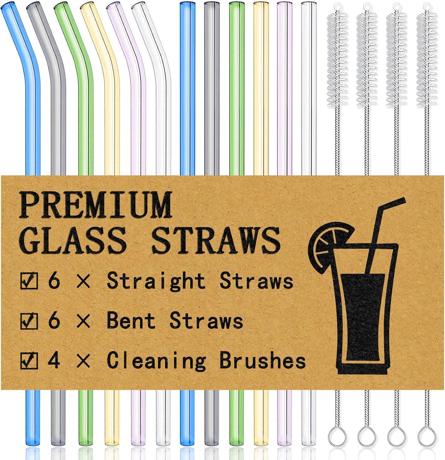 Piteno® 12Pcs Glass Straws with 4Pcs Brushes, Reusable Clear Glass Drinking Straws, 8.5''x10MM, Set of 6 Straight and 6 Bent with 4 Cleaning Brushes, Perfect for Smoothies, Milkshakes, Juice, Tea