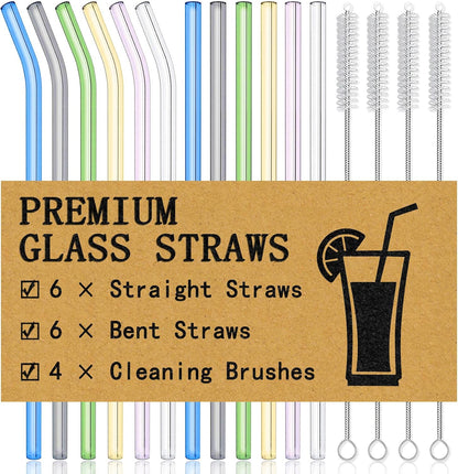 Piteno® 12Pcs Glass Straws with 4Pcs Brushes, Reusable Clear Glass Drinking Straws, 8.5''x10MM, Set of 6 Straight and 6 Bent with 4 Cleaning Brushes, Perfect for Smoothies, Milkshakes, Juice, Tea