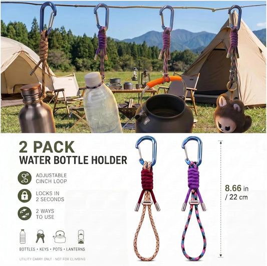 2 Pack Water Bottle Holder with Paracord Carabiner Clip, Adjustable Cinch Lanyard for Backpack Hiking Camping