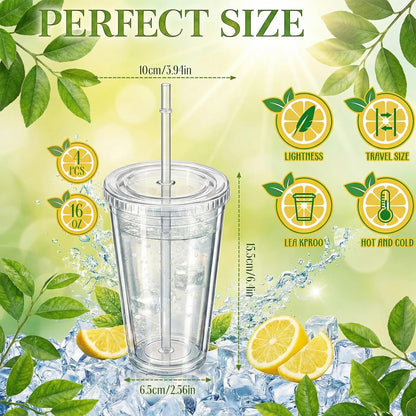 Nuogo 4 Pieces Insulated Double Wall Plastic Tumbler with Lids and Straws Reusable Transparent Plastic Cup 16 oz Tumbler Bulk for Coffee Drinks Milk Tea Juice, Pink, Blue, Green, Purple