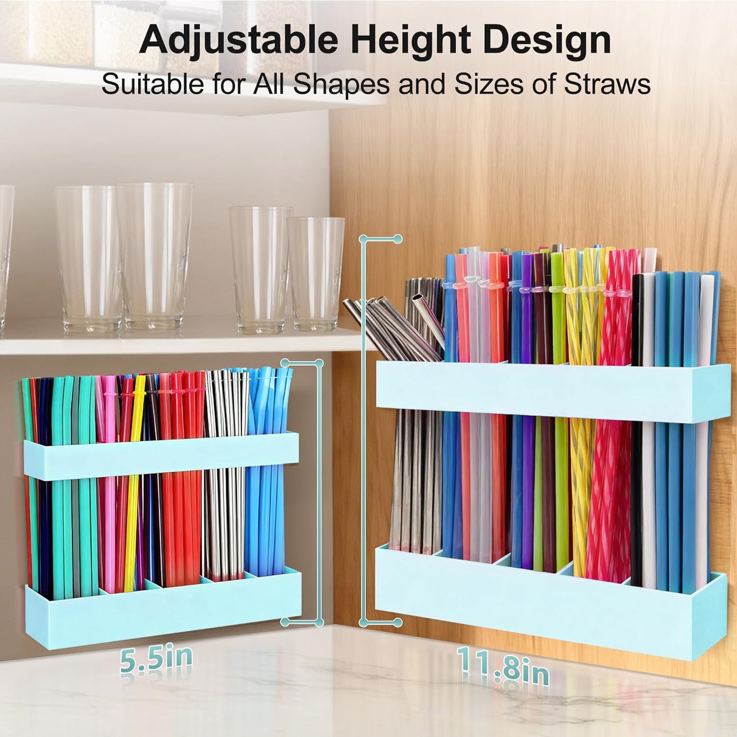 9.5” Large Acrylic Straw Holder for Cabinet Door, Reusable Adjustable Two-Part Straws Organizer with Ultra Sticky Adhesive Strips, 2026 Straw Storage for Kitchen Cupboard (Transparent)
