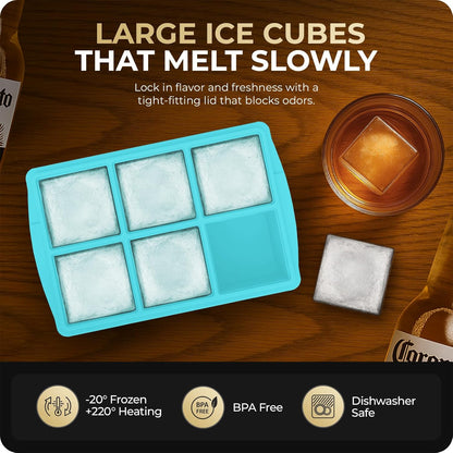 Large Ice Cube Trays for Whiskey, Silicone Ice Cube Tray, with Reinforced Steel Ring Top, Makes 12 perfect 2-in ice cubes, Square Ice Tray for Cocktails, Whiskey, Coffee. (2 Pack)