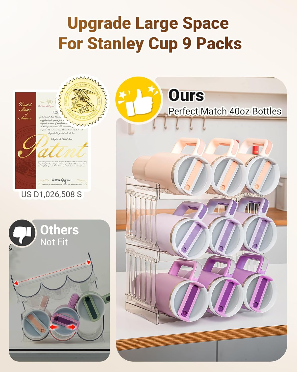 Gracenal Large Tumbler Organizer for Stanley Cup 40 oz, Patented Kitchen Pantry Organizers and Storage for Stanley Cup Accessories, Stackable Water Bottle Organizer Holder Gifts 4Pack Large-12-bottle