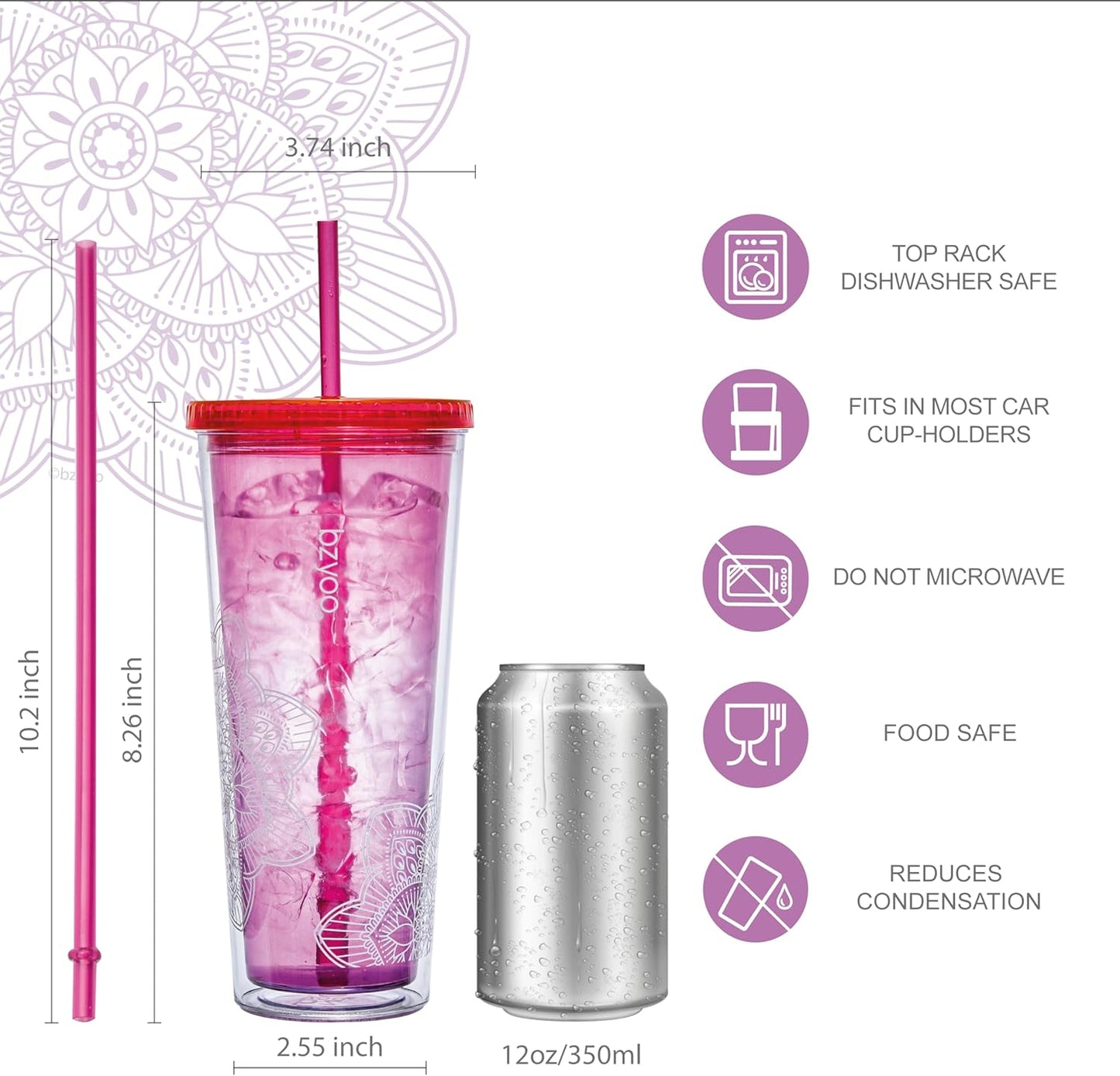 bzyoo SIP 24oz (710ml) Double Wall Plastic Tumbler with Lid and Straw Cold Drink Travel Mug Reusable Party Cup Perfect for Office Ice Coffee or Tea and Gift Color: Pink & Purple