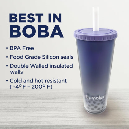 Bumbler Original Boba Tea Cup - 24oz Double-Walled Plastic Reusable Tumbler with Extra Wide Straw & Leak-Proof Lid - BPA-Free Smoothie & Iced Coffee Travel Mug - Blush Pink