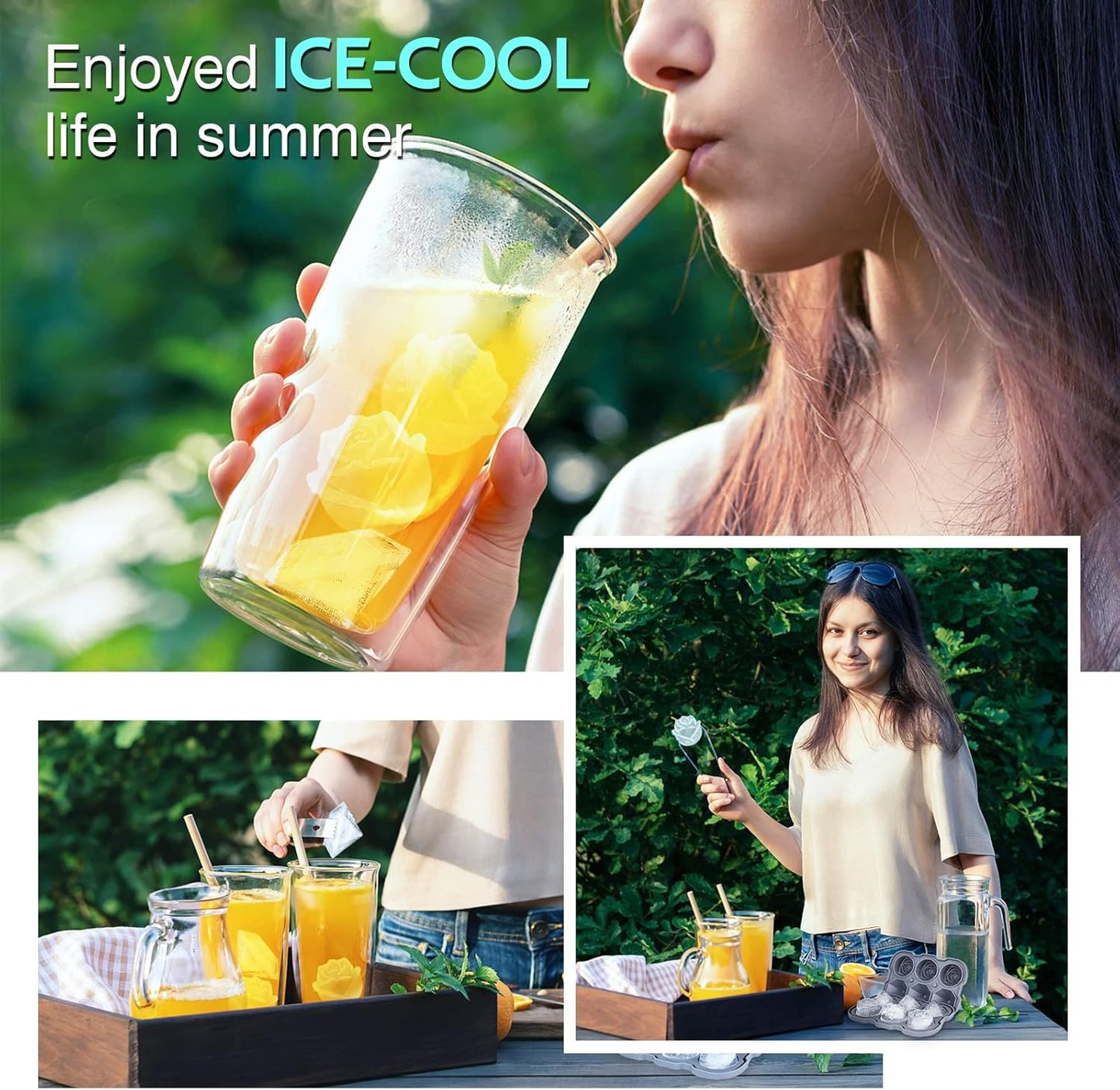 Ice Cube Tray, Mikiwon 2 inch Rose Ice Cube Trays With Covers, 3 Cavity Silicone Rose Ice Tray & 3 Diamond Ice Ball Maker, Easy Release Large Ice Cube Form for Chilled Cocktails, Whiskey Juice Black