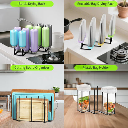 Collapsible Bottle Drying Rack, Foldable Baby Bottle Drying Rack, Portable Drainer Stand Holder for Water Bottles, Cup, Reusable Silicone Bag, Cutting Board (Black)