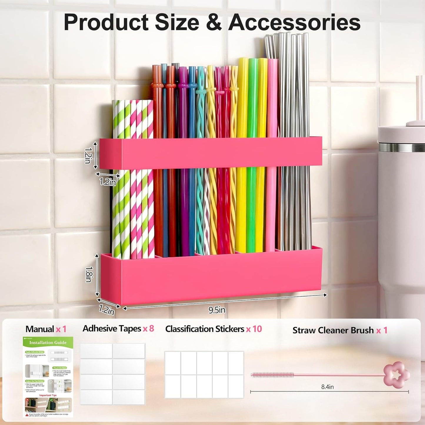 9.5” Large Acrylic Straw Holder for Cabinet Door, Reusable Adjustable Two-Part Straws Organizer with Ultra Sticky Adhesive Strips, 2026 Straw Storage for Kitchen Cupboard (Transparent)