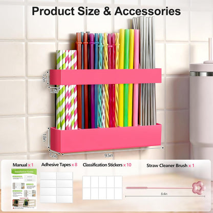 9.5” Large Acrylic Straw Holder for Cabinet Door, Reusable Adjustable Two-Part Straws Organizer with Ultra Sticky Adhesive Strips, 2026 Straw Storage for Kitchen Cupboard (Transparent)