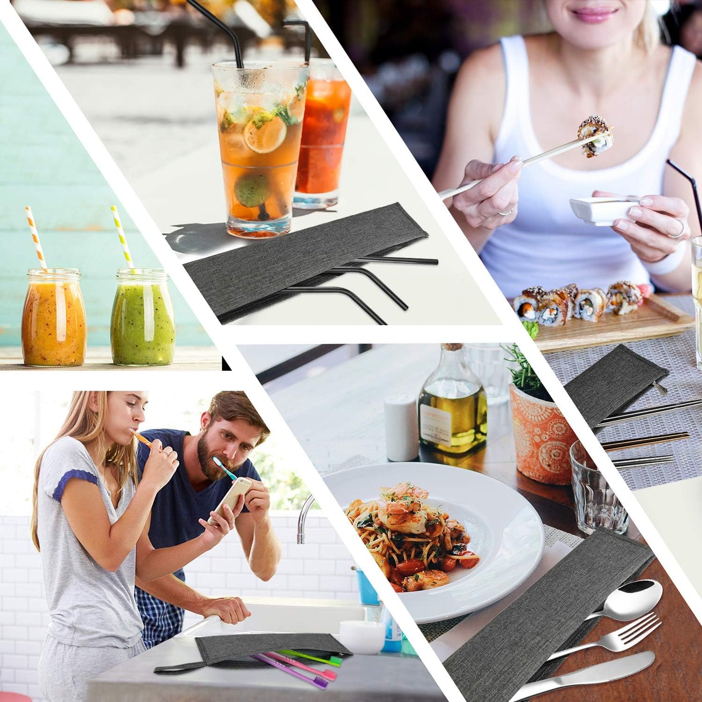 Aosbos Reusable Stainless Steel Straw Case - Metal Pouch with Silicone Straws - Travel Utensil Sets Pouch, Black