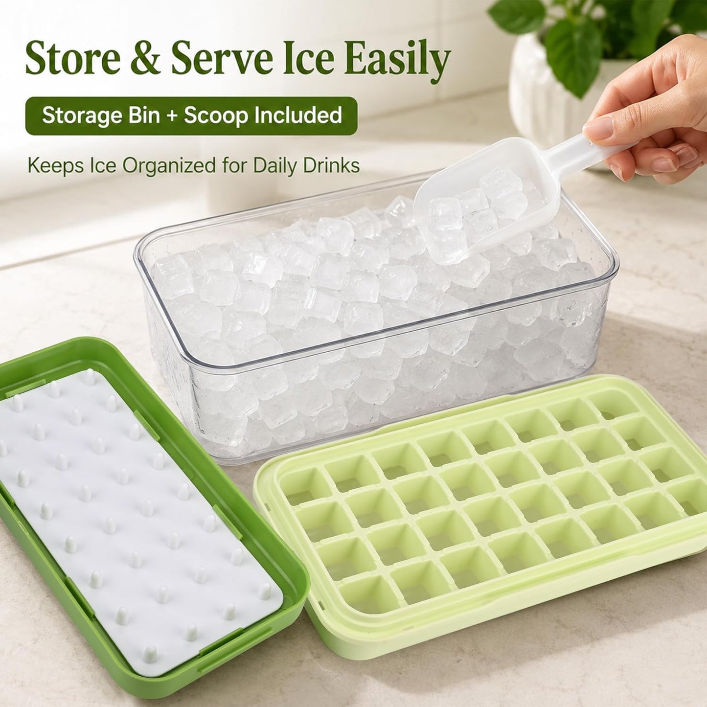 Ice Trays for Freezer with Lid & Bin, Ice Cube Tray Making 64 pcs Ice Cubes, Easy Press to Release Ice, Ice Tray with Storage Bin Chilling Cocktail Whiskey Coffee 2 Trays 1 Ice Bucket & Scoop (Black)