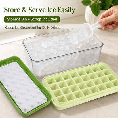 Ice Trays for Freezer with Lid & Bin, Ice Cube Tray Making 64 pcs Ice Cubes, Easy Press to Release Ice, Ice Tray with Storage Bin Chilling Cocktail Whiskey Coffee 2 Trays 1 Ice Bucket & Scoop (Black)