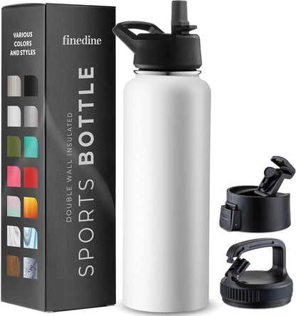 FineDine Water Bottle - Stainless Steel Insulated Water Bottle with Straw Lid, Flip Lid & Wide-Mouth Cap - Keeps Hot and Cold - 25 Oz / 739ml - Dreamy Purple