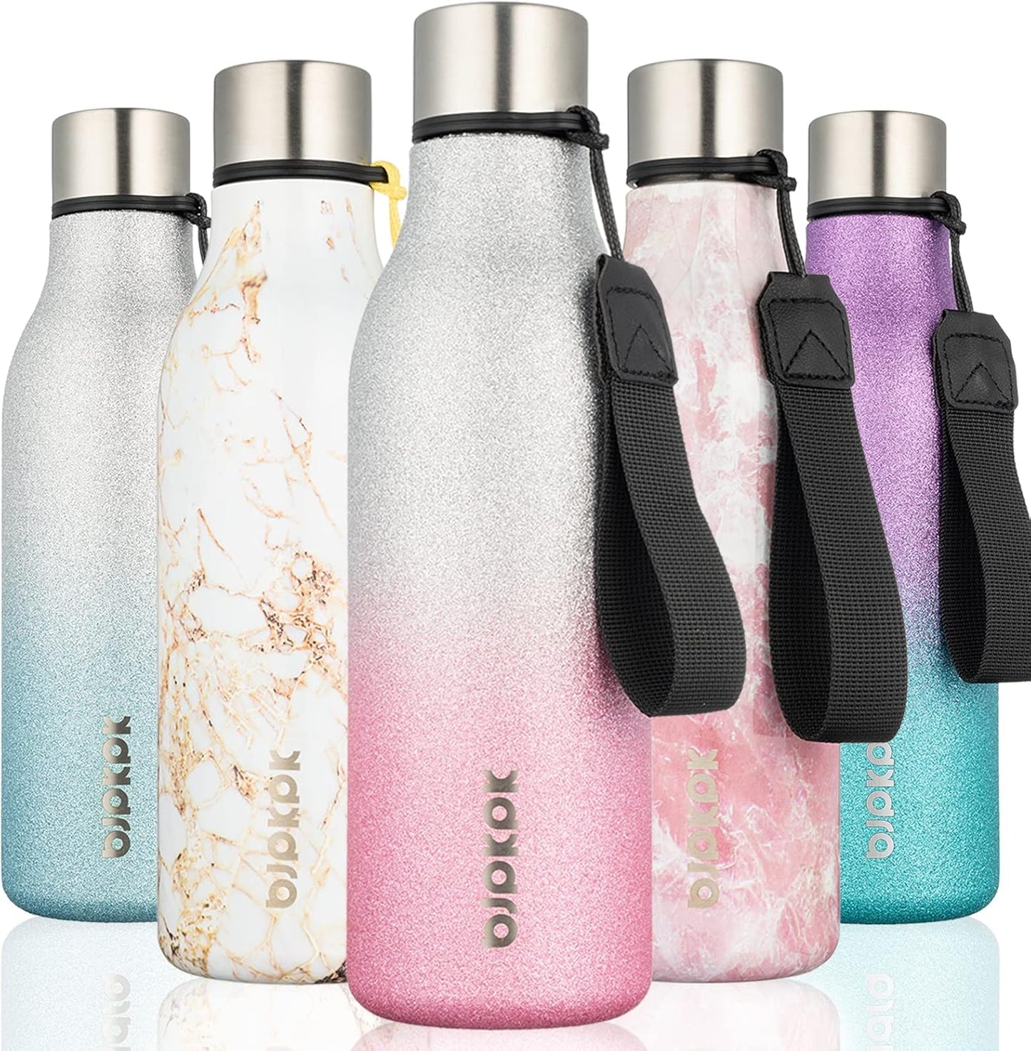 BJPKPK Insulated Water Bottles, 18 oz Stainless Steel Metal Water Bottle with Strap, BPA Free Leak Proof Jugs, Mugs, Flasks, Reusable Thermal Flasks for Sports & Travel, Black - Colors A