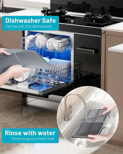 Dish Drying Mat Kitchen Counter - Silicone Dish Drying Pad with Built-in Drain for Sink, Refrigerator and Drawer Liner, Easy Clean, Non-Slip, Heat Resistant, 14.8" x 10.7"