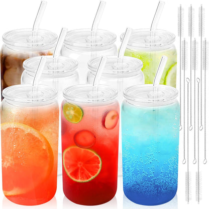 Joyclub 8pcs 16 oz Glass Cups with Acrylic Lids and Straws Can Shaped Iced Coffee Glasses Cute Tumbler Set Drinking Jars for Smoothie Soda Boba Beer Party Housewarming Gifts