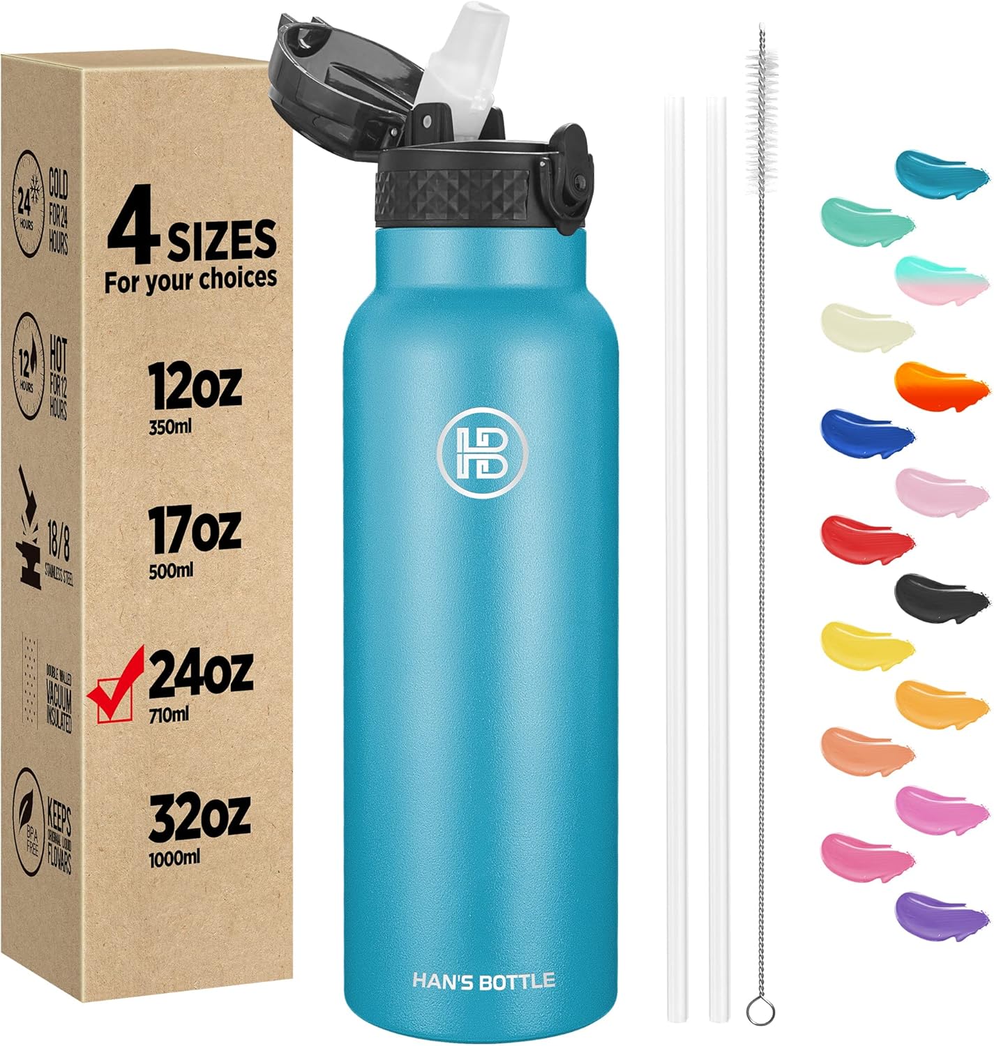 Han's Bottle Sports Water Bottle - 24 Oz, Straw Lid, Leak Proof, Vacuum Insulated Stainless Steel, Double Walled, Thermo Mug,Black