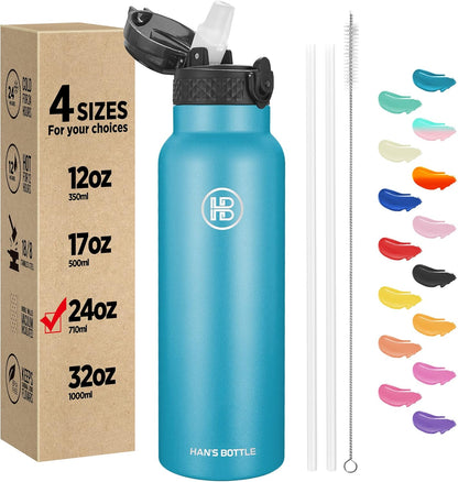 Han's Bottle Sports Water Bottle - 24 Oz, Straw Lid, Leak Proof, Vacuum Insulated Stainless Steel, Double Walled, Thermo Mug,Black