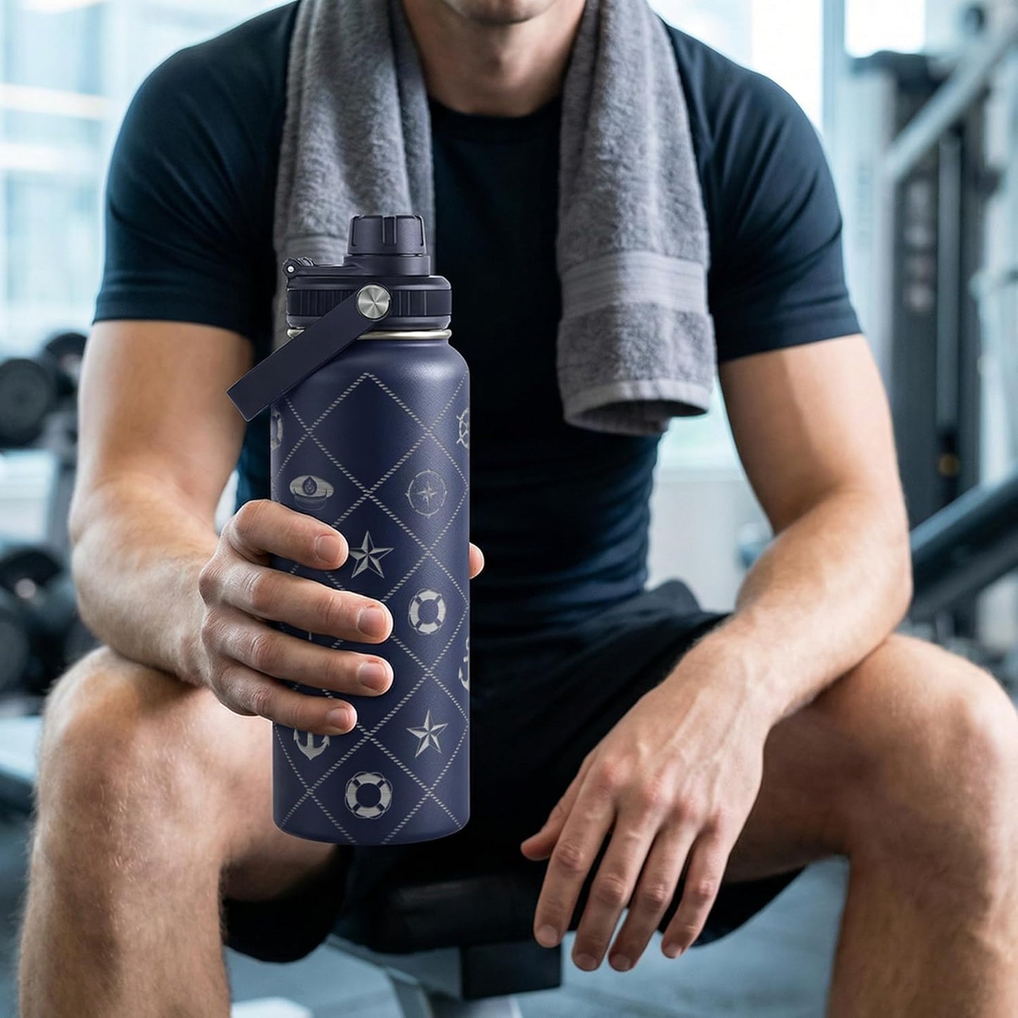 SANDJEST Gym Insulated Engraved Stainless Steel Water Bottle 32oz, Vacuum Chug Lid Travel Tumbler For Men Friends Dad Gymer Trainer, Gym Mode on, Birthday Christmas Father's Day