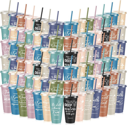 Uiifan 30 Pcs Christian Gifts Cups Bulk for Women, 24oz Bible Verse Christian Tumblers with Lids and Straw, Religious Church Gifts for Mother's Day (Fresh Color,Bible)