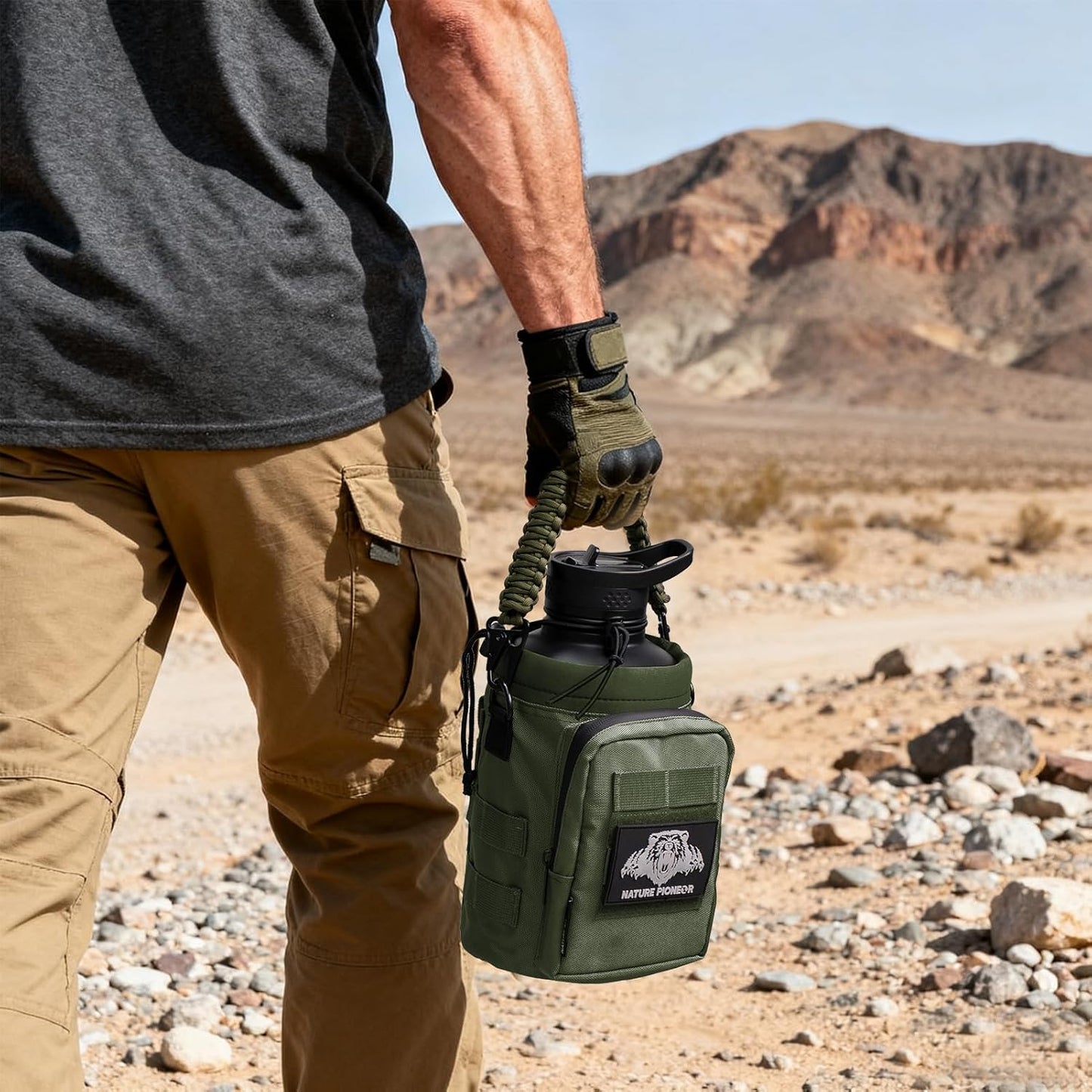 NATURE PIONEOR 32 64 128oz Tactical Water Bottle Pouch, Multi-Function Tactical Water Bottle Bag with Adjustable Shoulder Strap, Half/One Gallon Molle Strap Carrier Holder