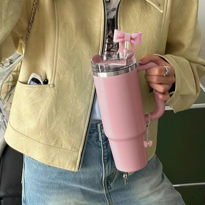 Compatible with Stanley Cup Accessories - 3Pcs 10mm Bow Straw Topper Compatible with Stanley Cup Straw Cover Cap, 2pcs Pink Bow Charms for Stanley 30&40 Oz Tumbler with Handle